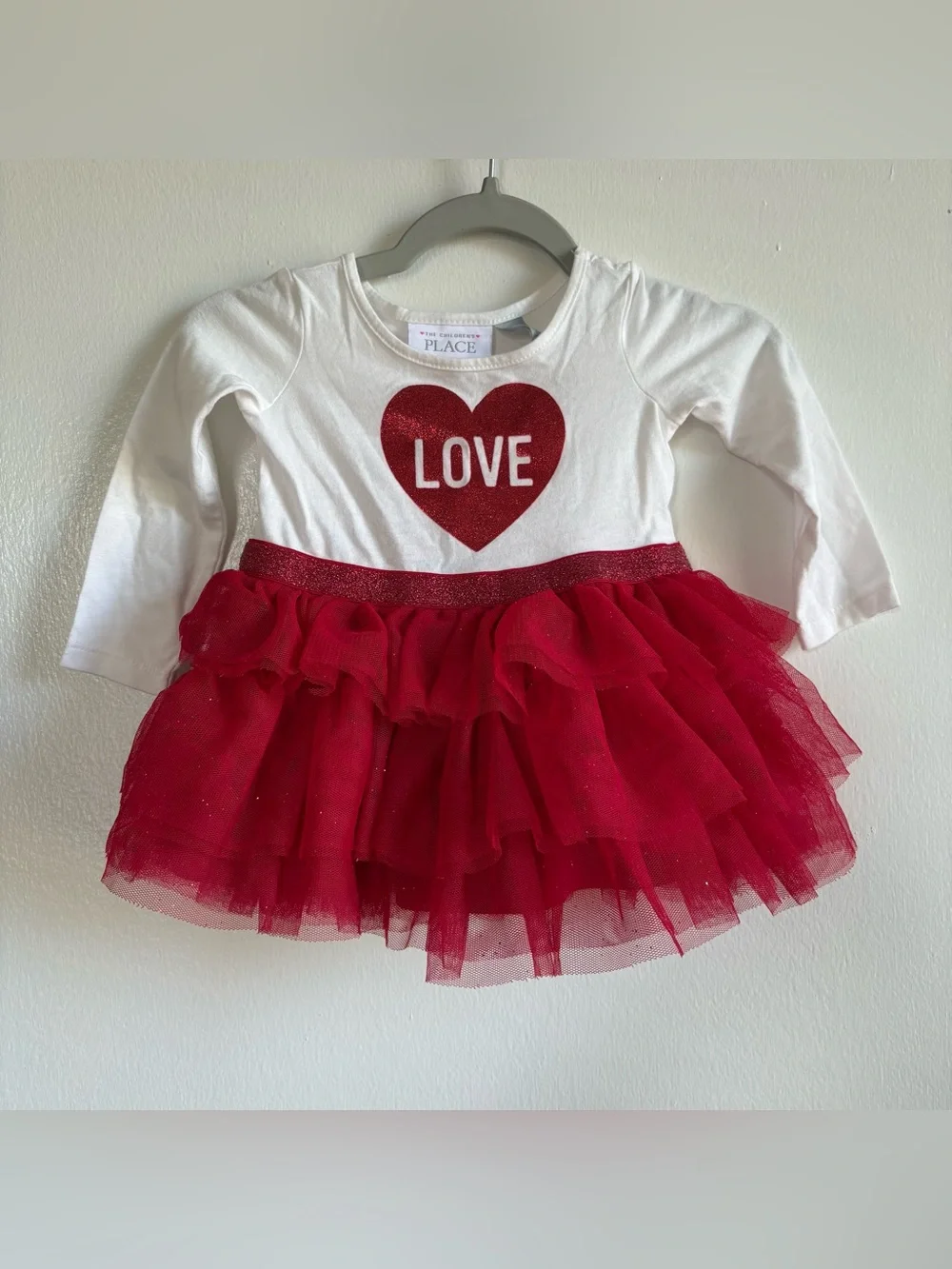 The Children's Place Girls 6-9M White Red Love Heart Tutu Dress Long Sleeve